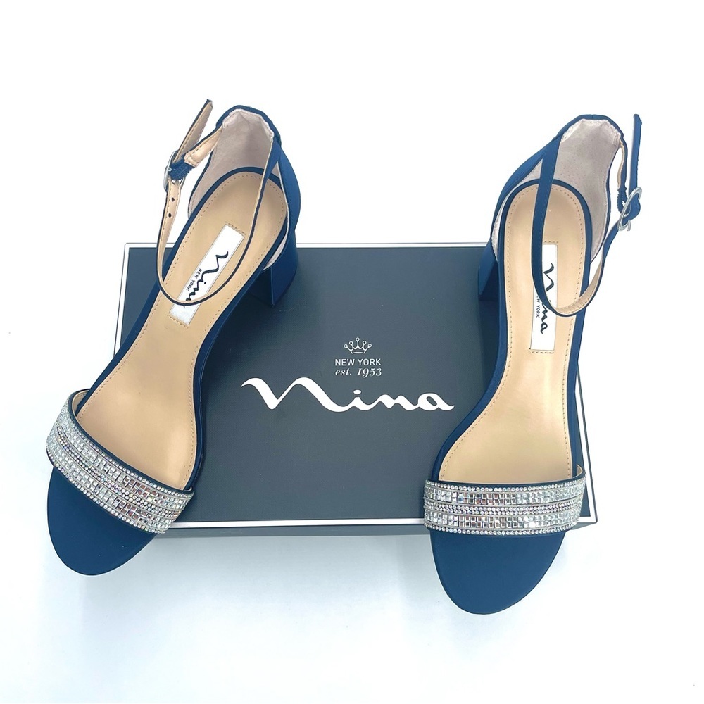 NINA WOMENS NAVY SUEDETTE CRYSTAL BLOCK MID-HEEL ANKLE STRAP DRESS SANDAL NIB! - Picture 6 of 15